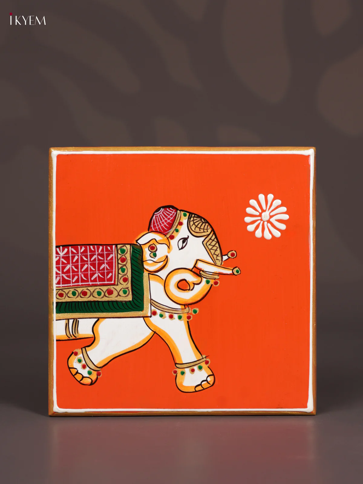 Wooden Hand Painted Manai - (6×6) - Elephant - Orange - KEB0222 - Image 3