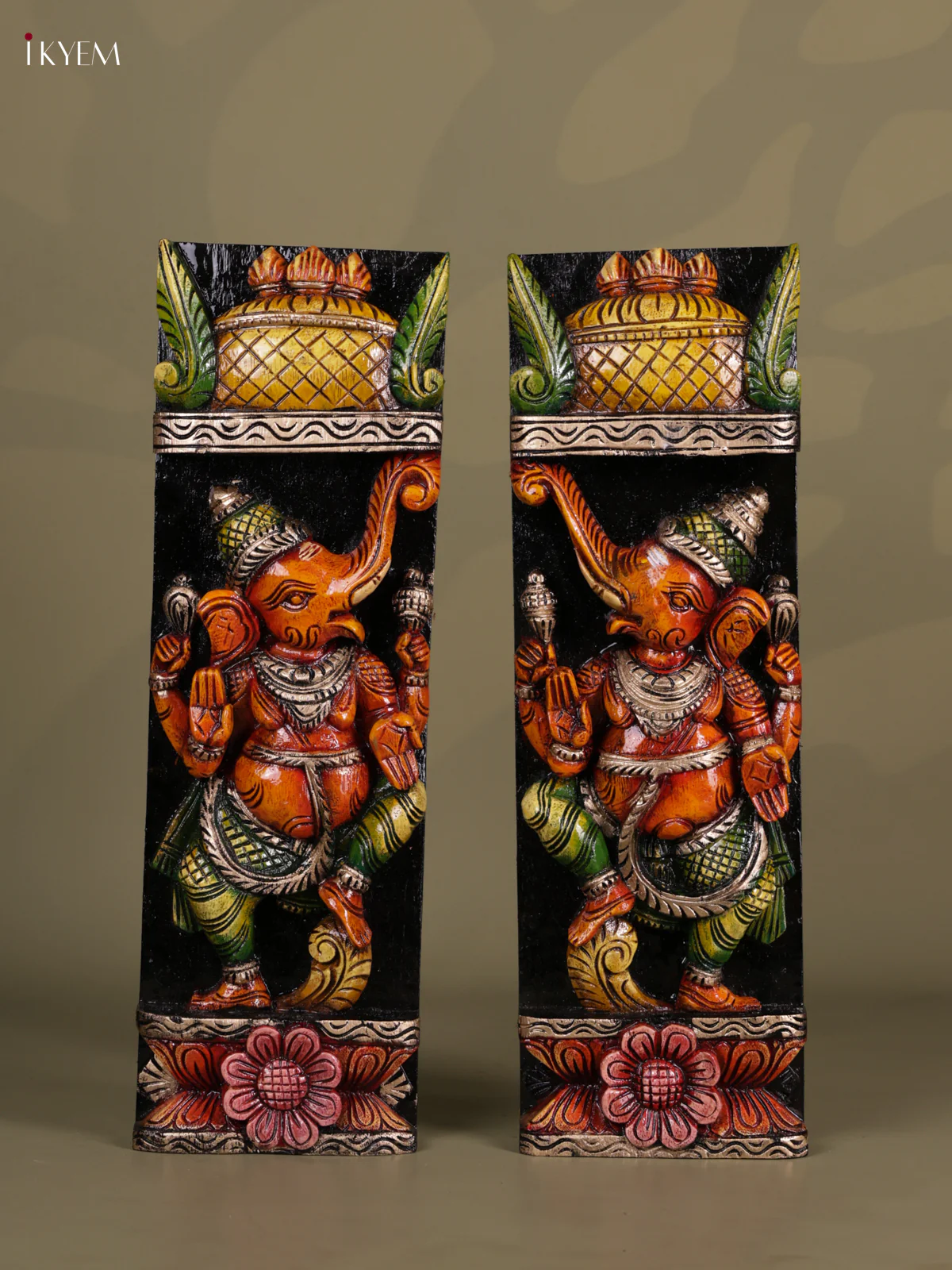 Wooden Hand carved painted - Ganesha Wall panel - Set OF - 2 - KEB0627