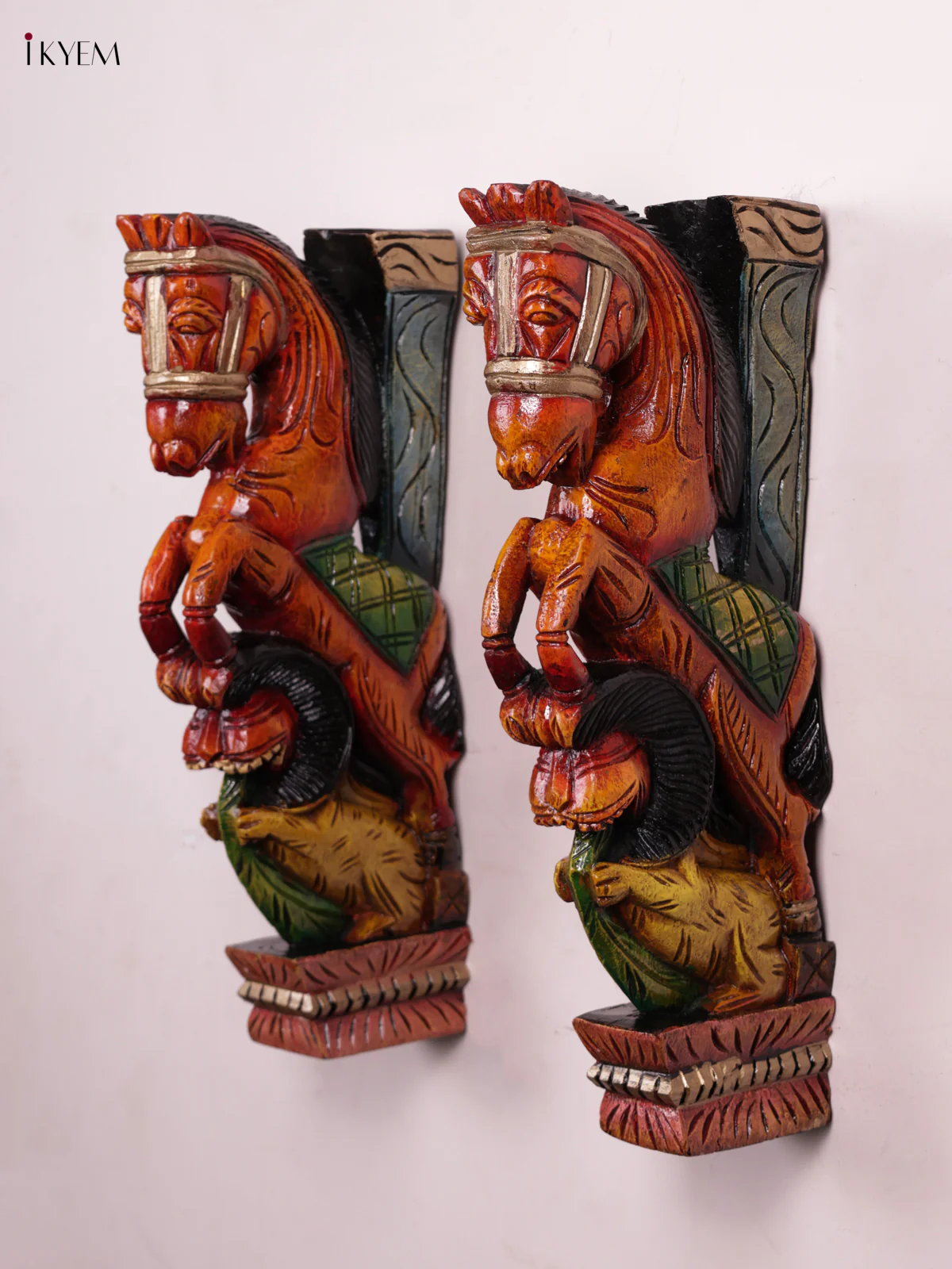 Wooden Hand Carved Hand Painted - Horse & Yalli Wall Bracket - Set OF - 2 - KEB0922