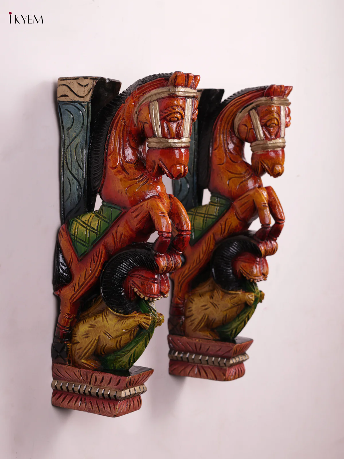 Wooden Hand Carved Hand Painted - Horse & Yalli Wall Bracket - Set OF - 2 - KEB0922 - Image 3