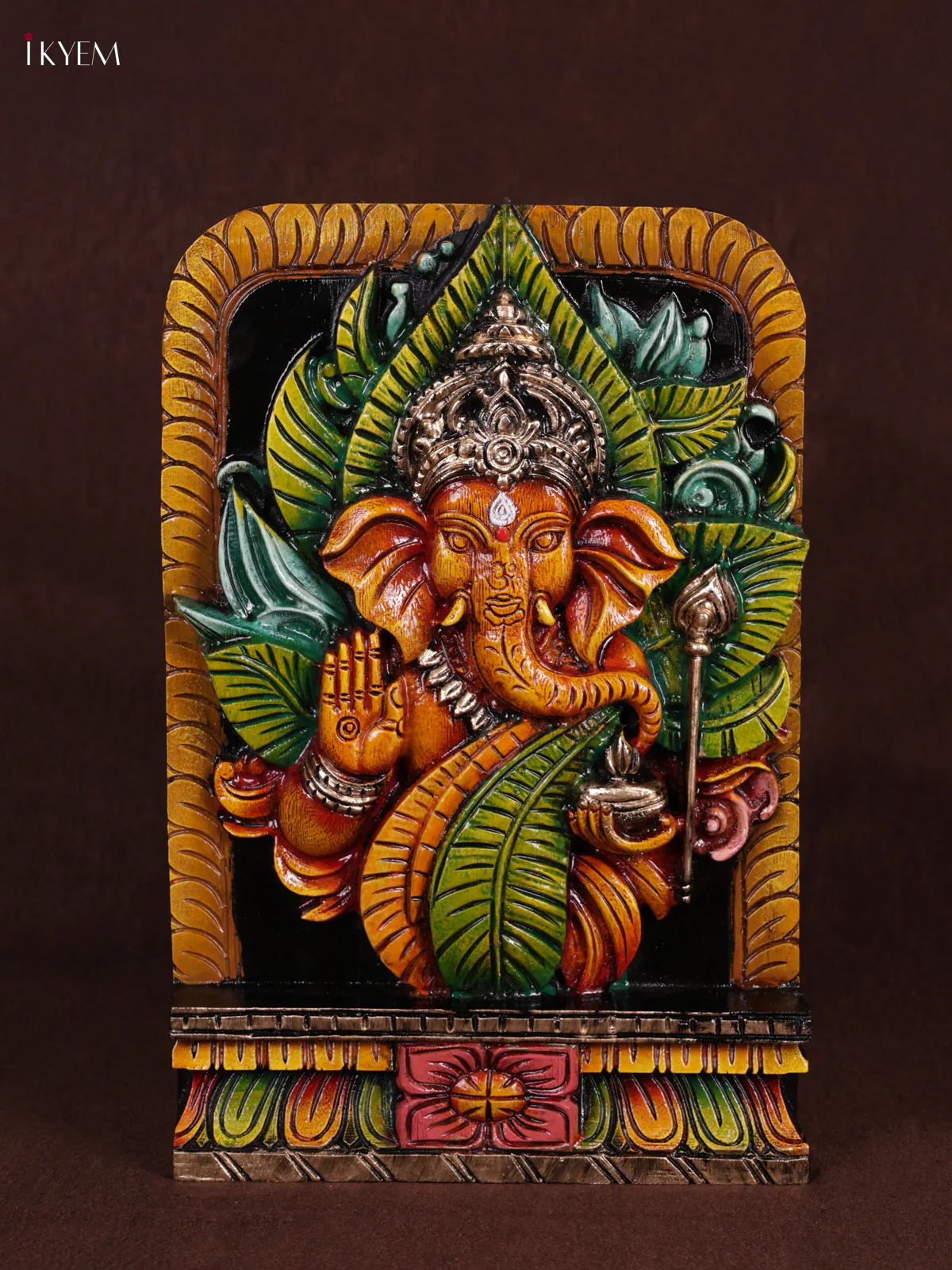 Wooden Hand Carved Painted - Leaf Ganesha Panel - KEB0931