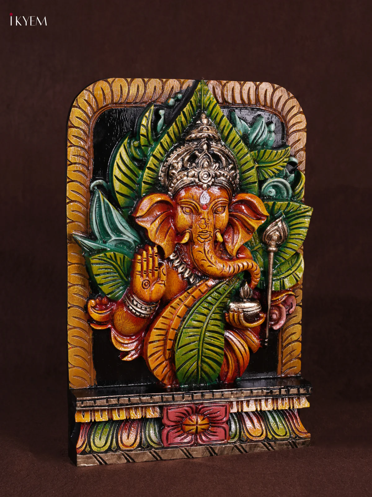 Wooden Hand Carved Painted - Leaf Ganesha Panel - KEB0931 - Image 3