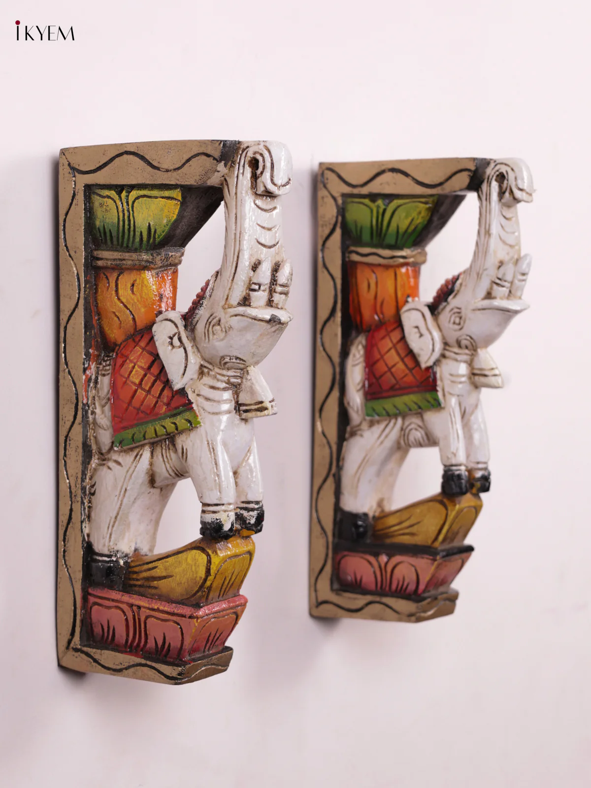 Wooden Hand Carved Painted - Elephant Wall Bracket - Set OF - 2 - KEB0949 - Image 3
