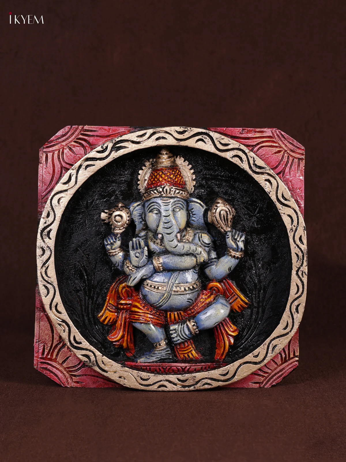 Wooden Hand Carved Painted - Ganesha Panel - (12x12) - KEB0978
