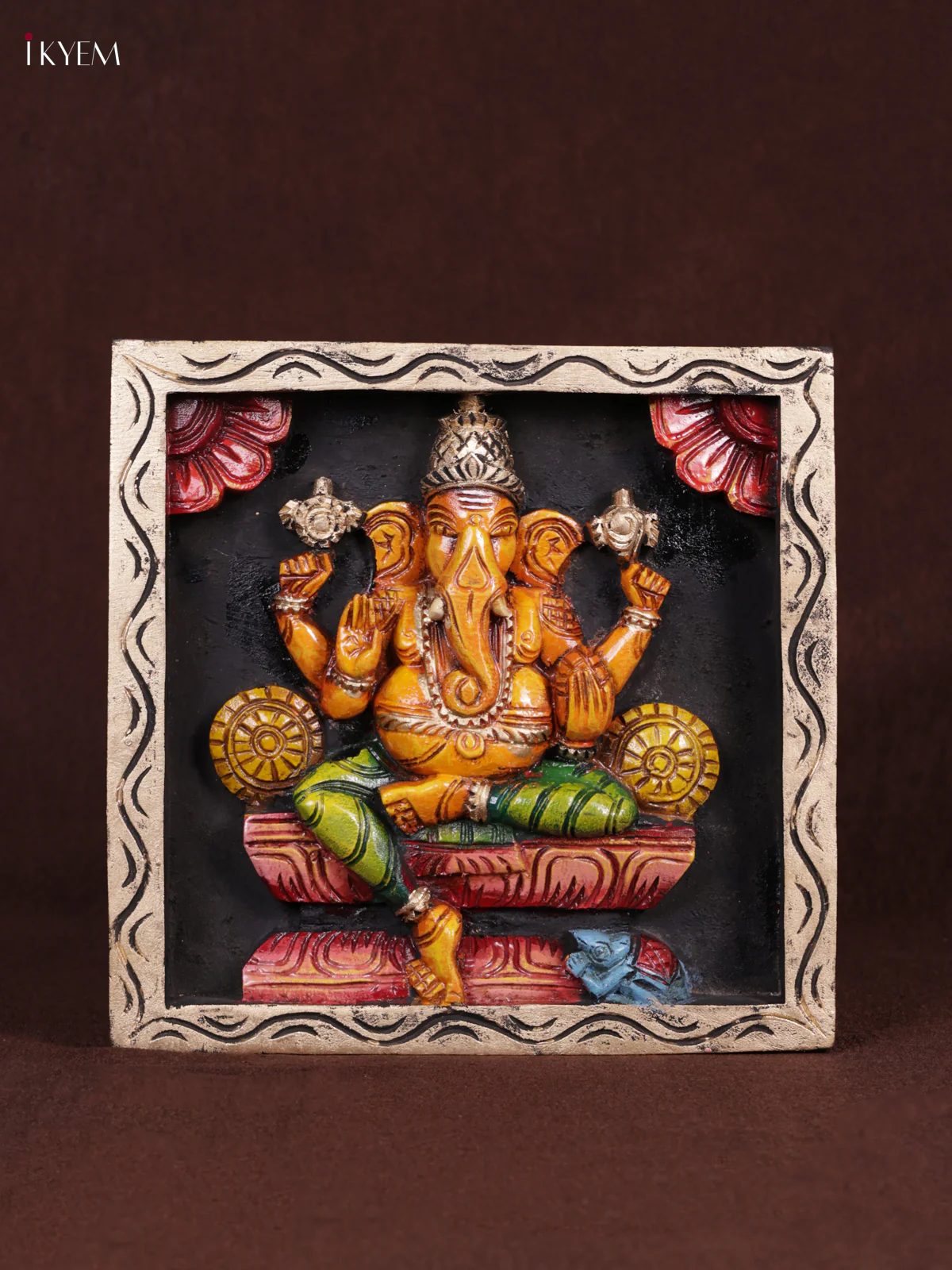 Wooden Hand Carved Painted - Ganesha Panel - (12x12) - KEB0979