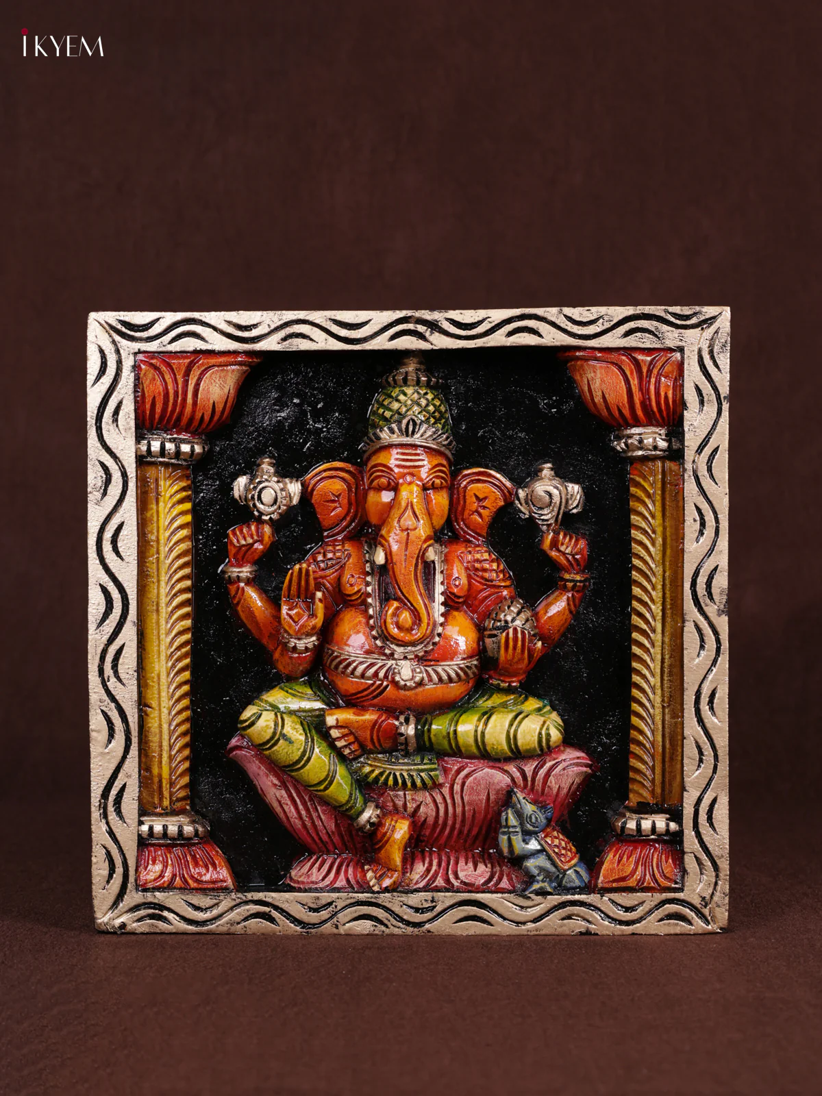 Wooden Hand Carved Painted - Ganesha Panel - (12x12) - KEB0981