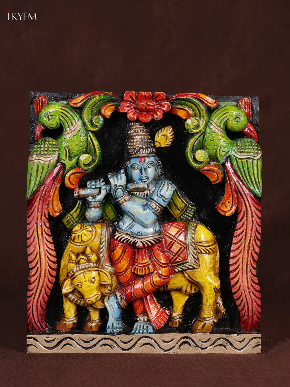 Wooden Hand Carved Painted - Krishna & Cow Panel - (12x12) - KEB0991