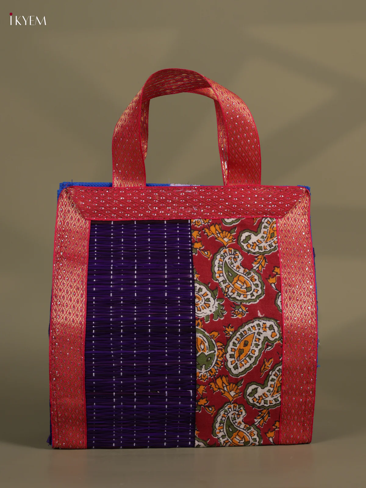 Flower Design Korai Bag With Zari Border - Blue - 8 Inch