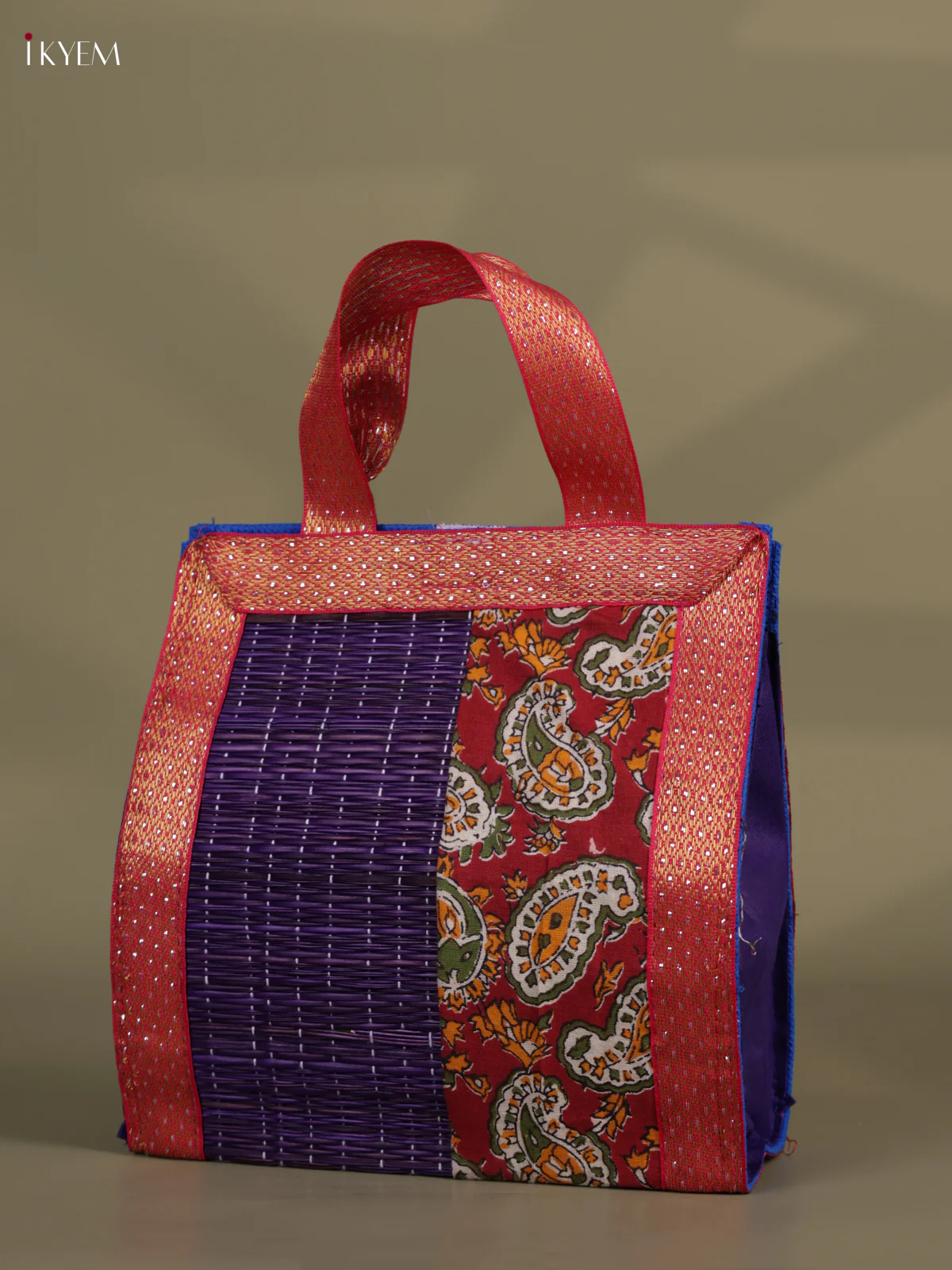 Flower Design Korai Bag With Zari Border - Blue - 8 Inch - Image 2