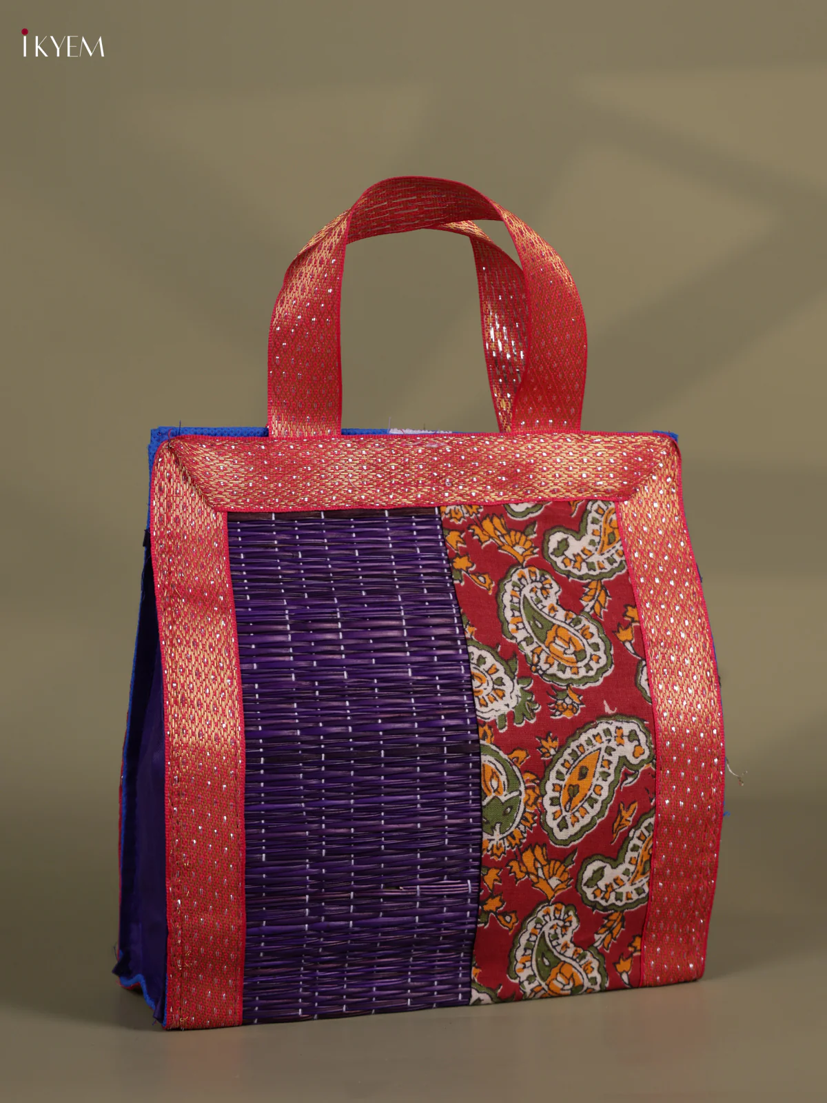 Flower Design Korai Bag With Zari Border - Blue - 8 Inch - Image 3