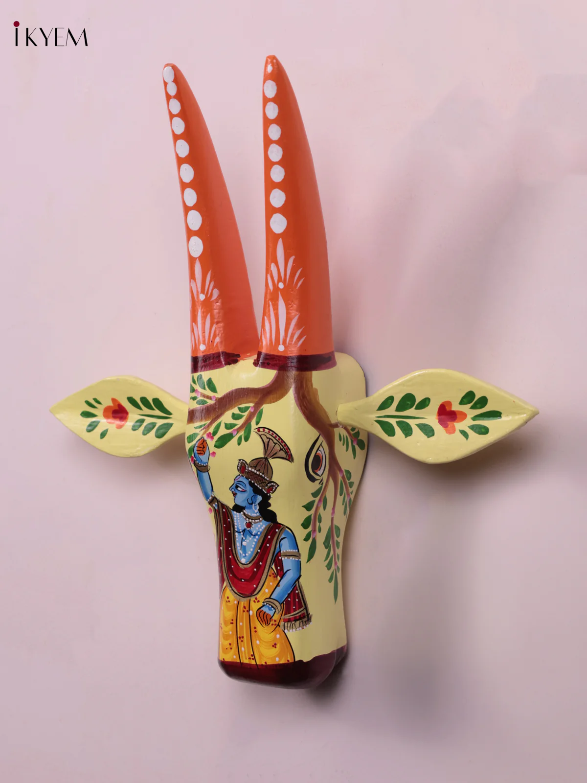 Hand Painted Cow Head - Yellow & Krishna - KEB1420 - Image 2