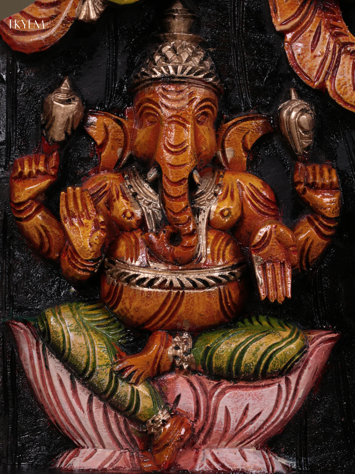 Wooden Hand Carved Painted - Gaja Lakshmi & Ganesha Panel - (12×36) - KEB23011 - Image 3