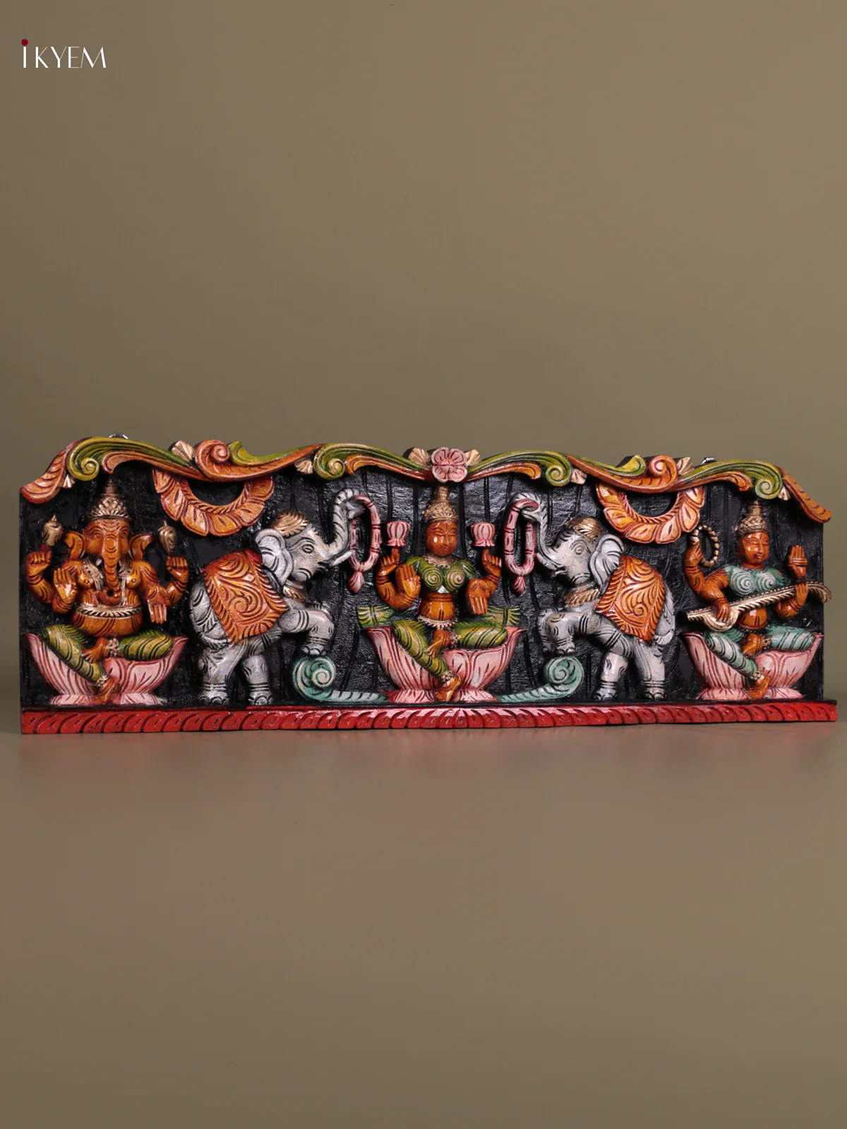 Wooden Hand Carved Painted - Gaja Lakshmi & Ganesha Panel - (12×36) - KEB23011 - Image 5