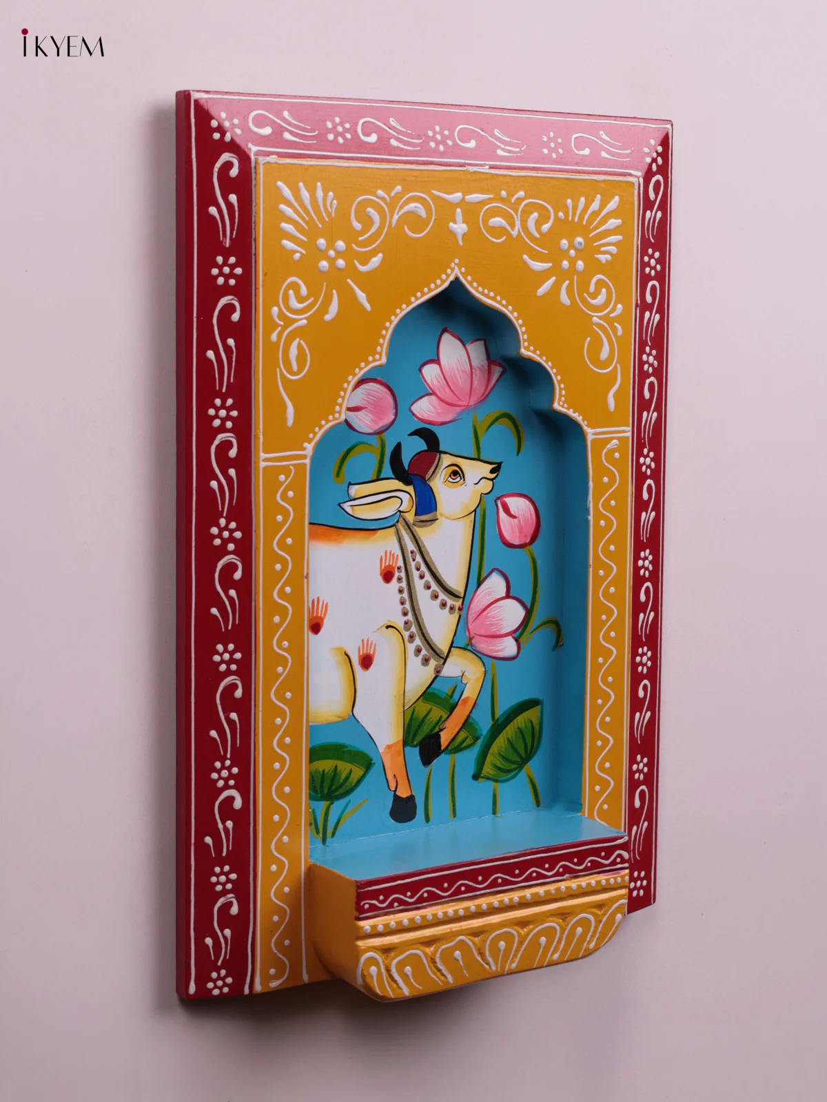 Wooden Hand Painted Wall Frame(Jharokha)/Diya stand - Cow - 12 Inches - KEB23049 - Image 3