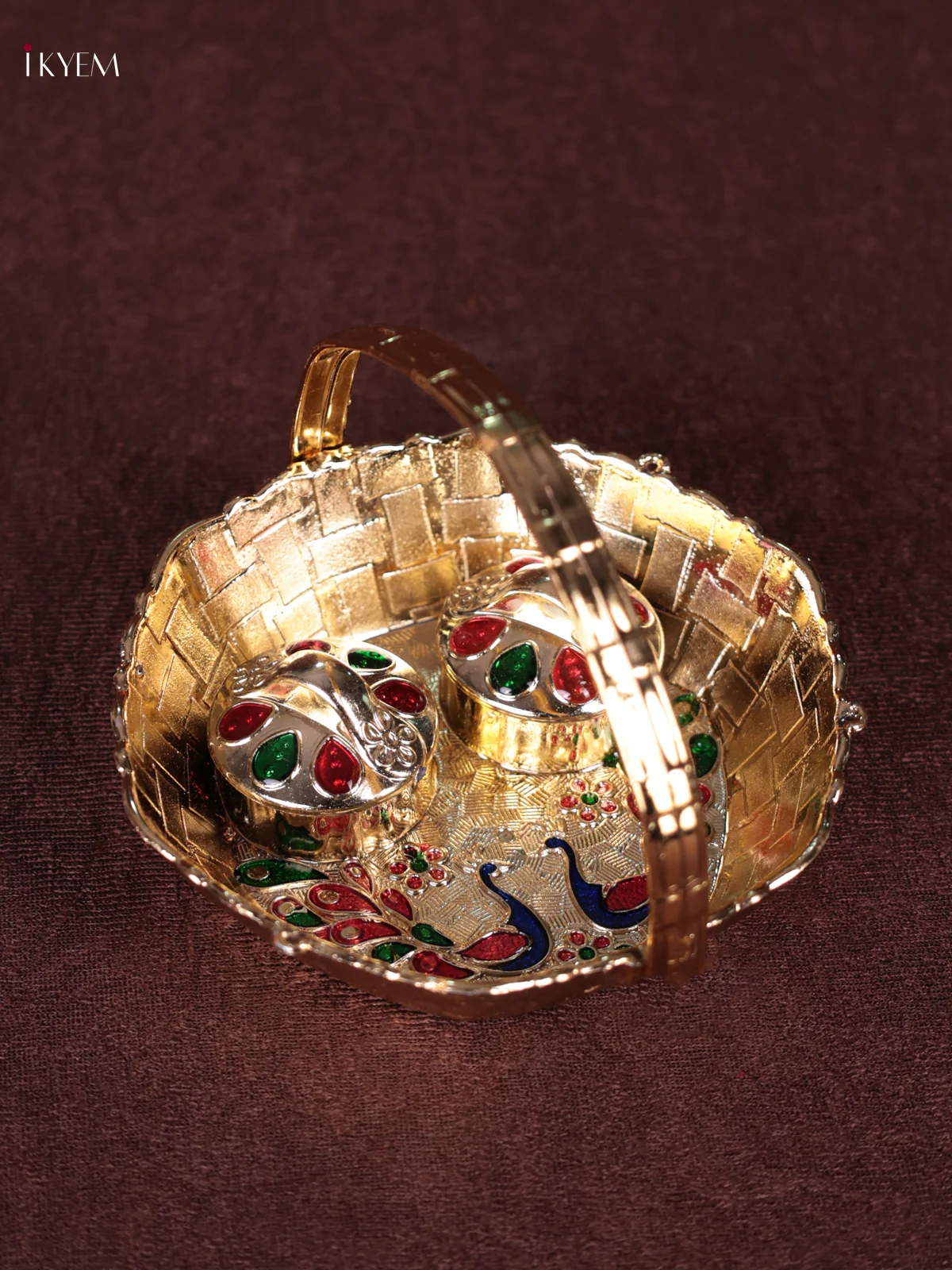 Meenakari Peacock Printed Haldi Kumkum Holder - Image 3