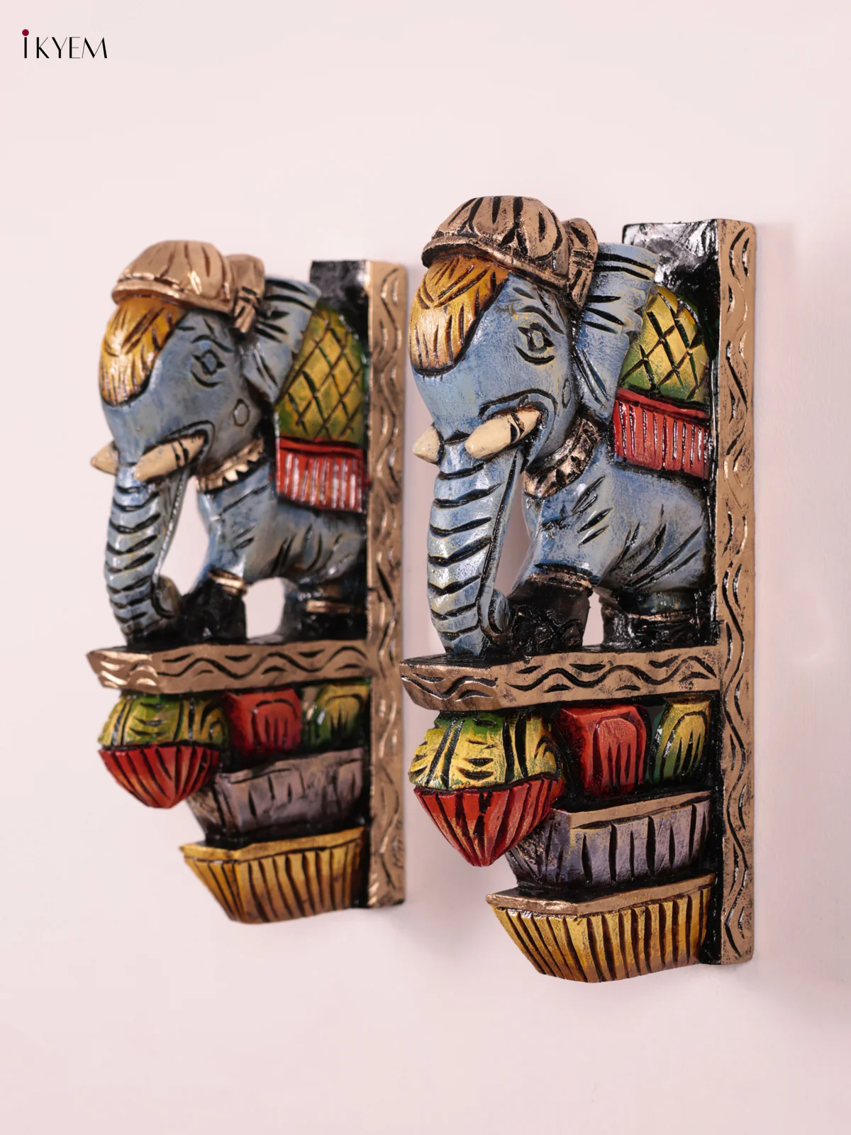 Wooden Hand Carved Painted - Elephant Wall Bracket Set OF - 2 - (12×6) - KEB27003