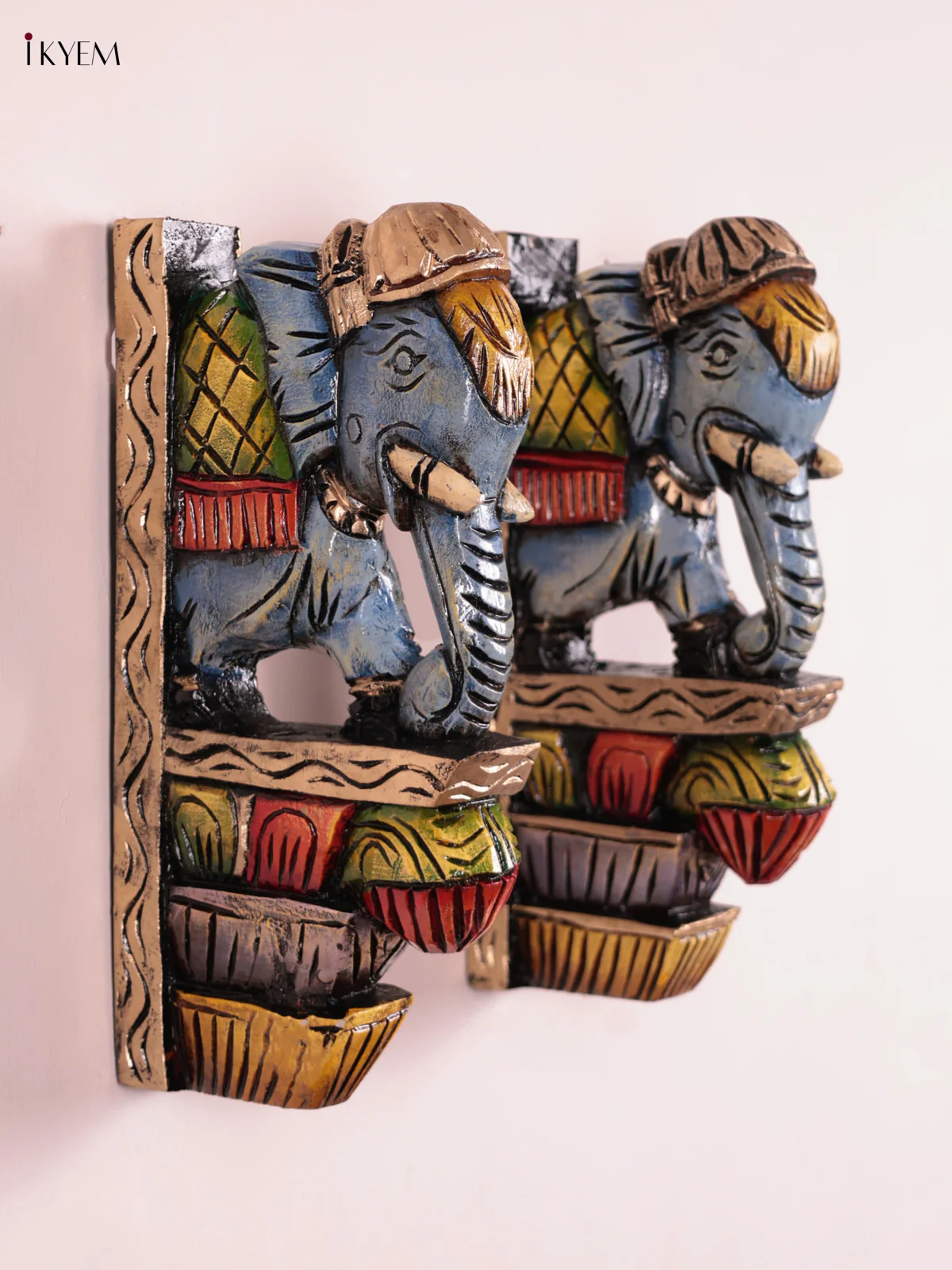Wooden Hand Carved Painted - Elephant Wall Bracket Set OF - 2 - (12×6) - KEB27003 - Image 3