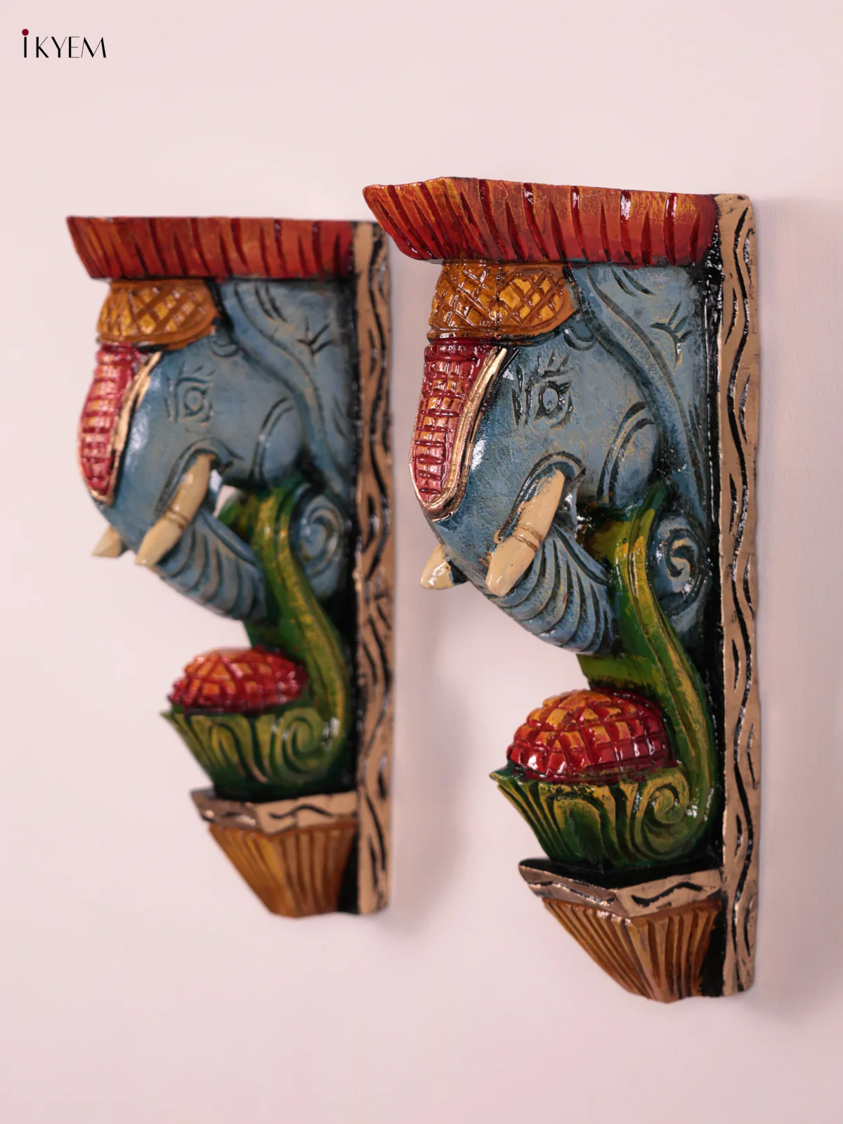 Wooden Hand Carved Painted - Elephant Head Wall Bracket Set OF - 2 - (12×6) - KEB27008 - Image 3
