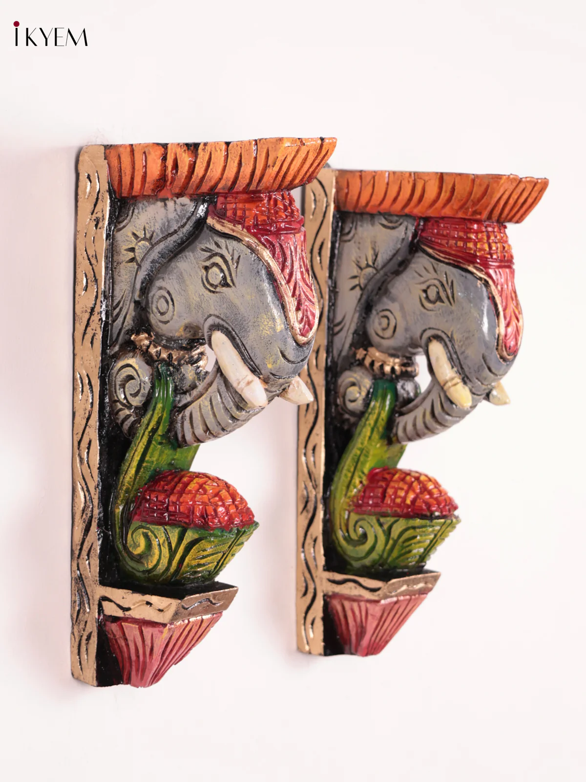 Wooden Hand Carved Painted - Elephant Head Wall Bracket Set OF - 2 - (12×6)