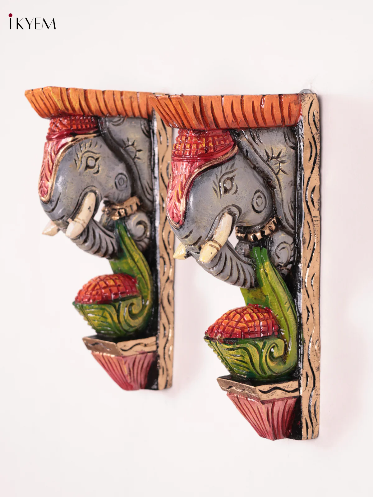 Wooden Hand Carved Painted - Elephant Head Wall Bracket Set OF - 2 - (12×6) - Image 3