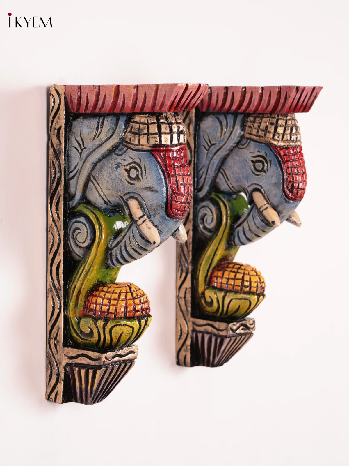 Wooden Hand Carved Painted - Elephant Head Wall Bracket Set OF - 2 - (12×6)