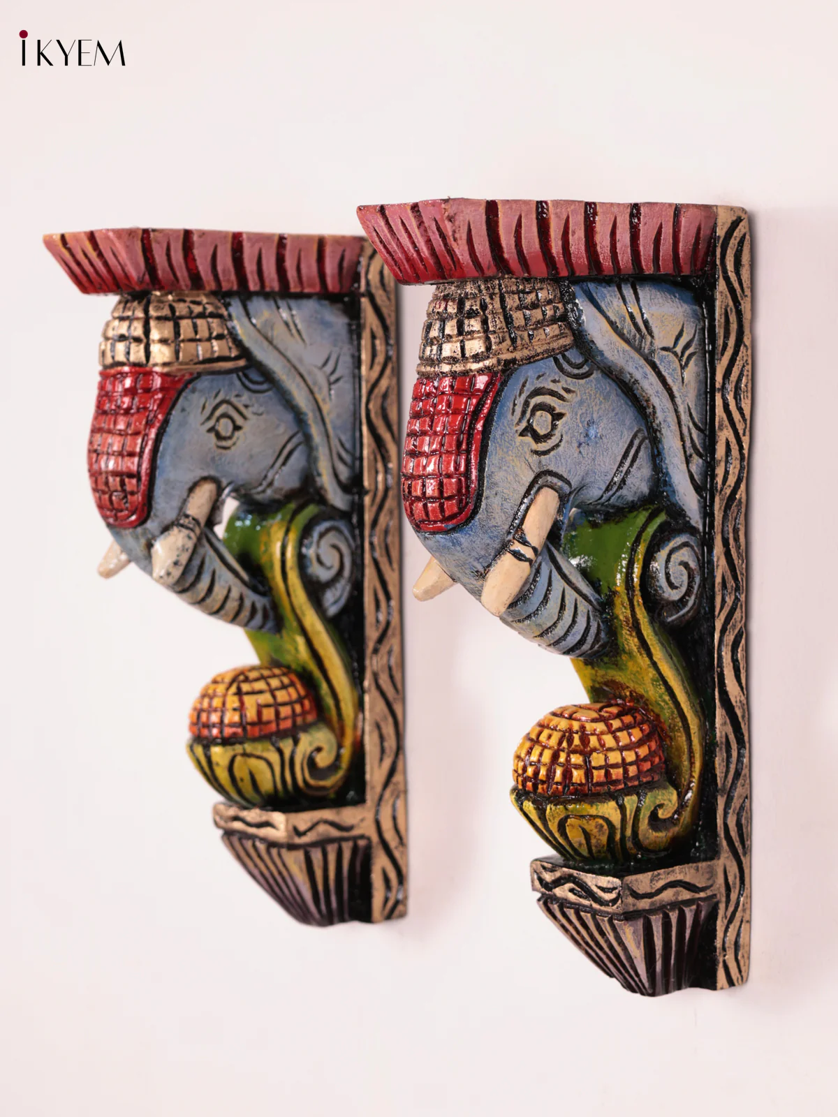 Wooden Hand Carved Painted - Elephant Head Wall Bracket Set OF - 2 - (12×6) - Image 2