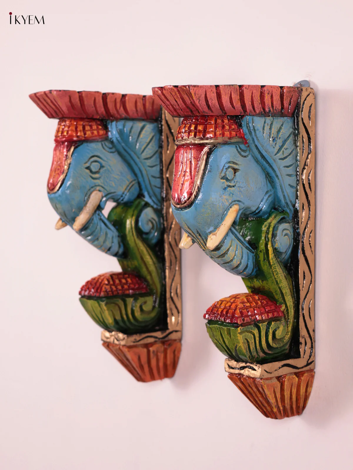 Wooden Hand Carved Painted - Elephant Head Wall Bracket Set OF - 2 - (12×6) - KEB27013