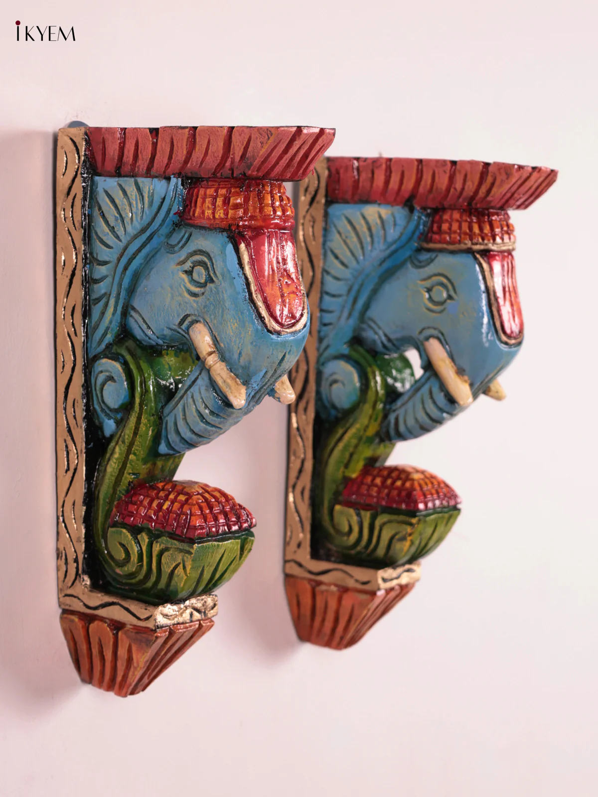 Wooden Hand Carved Painted - Elephant Head Wall Bracket Set OF - 2 - (12×6) - KEB27013 - Image 3