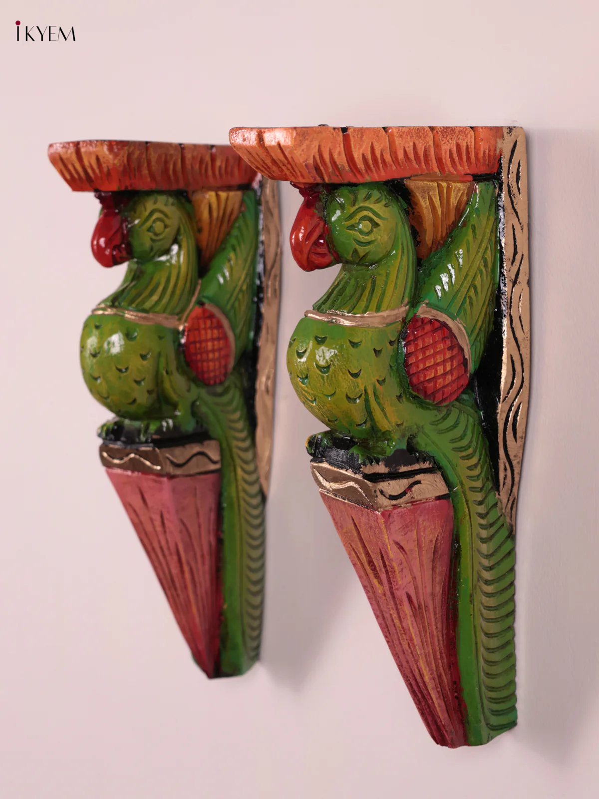 Wooden Hand Carved Painted - Parrot Wall Bracket Set OF - 2 (12×6) - KEB27021