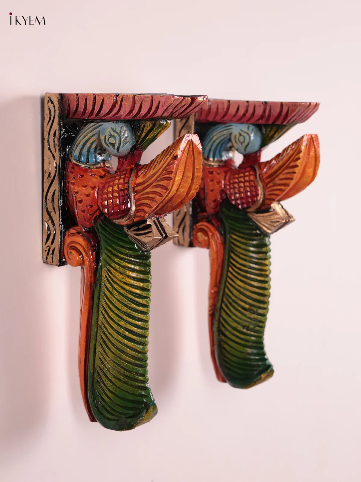 Wooden Hand Carved Painted - Parrot Wall Bracket Set OF - 2 (12×6) - KEB27039