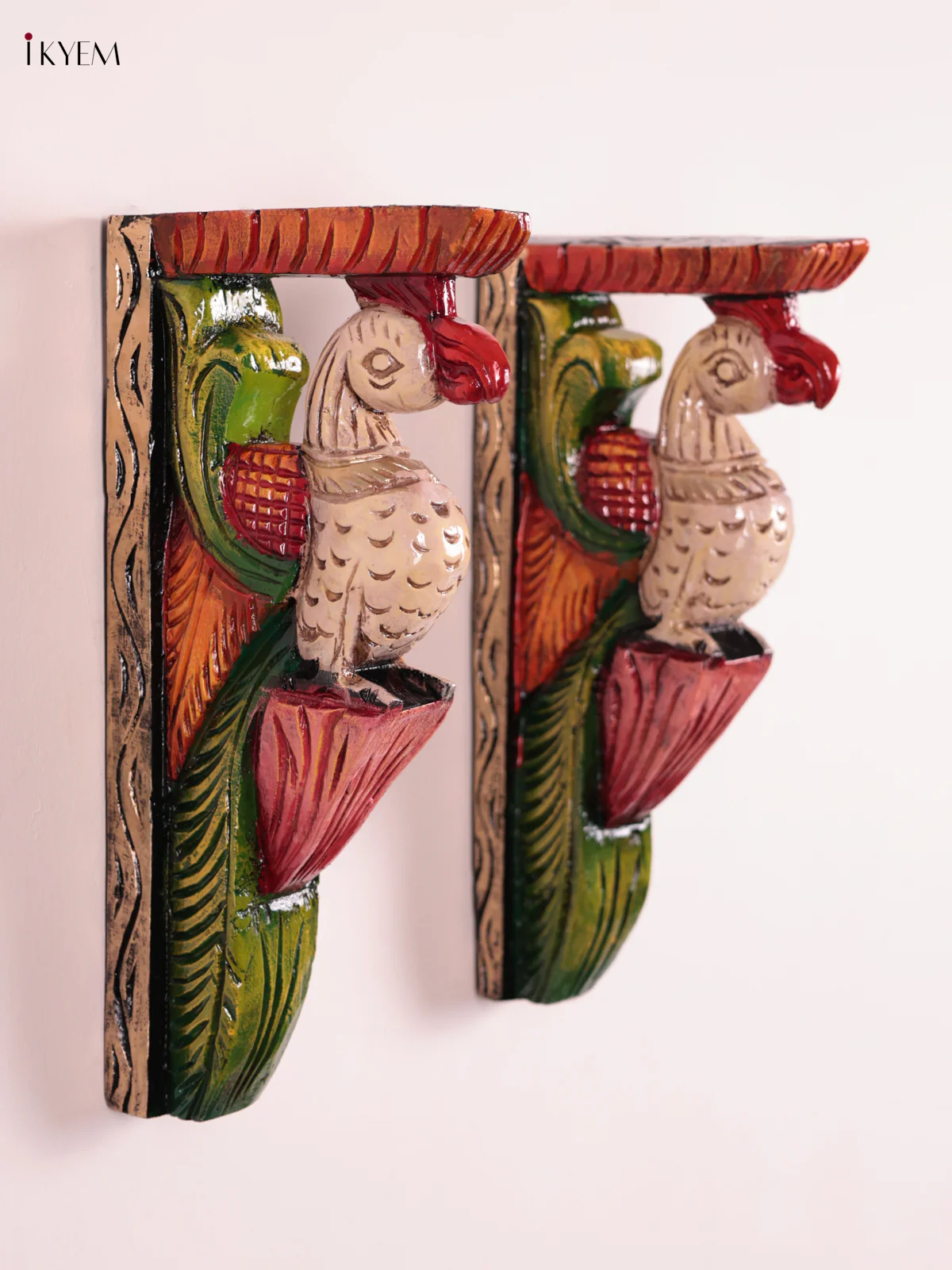 Wooden Hand Carved Painted - Parrot Wall Bracket Set OF - 2 (12×6) - KEB27052