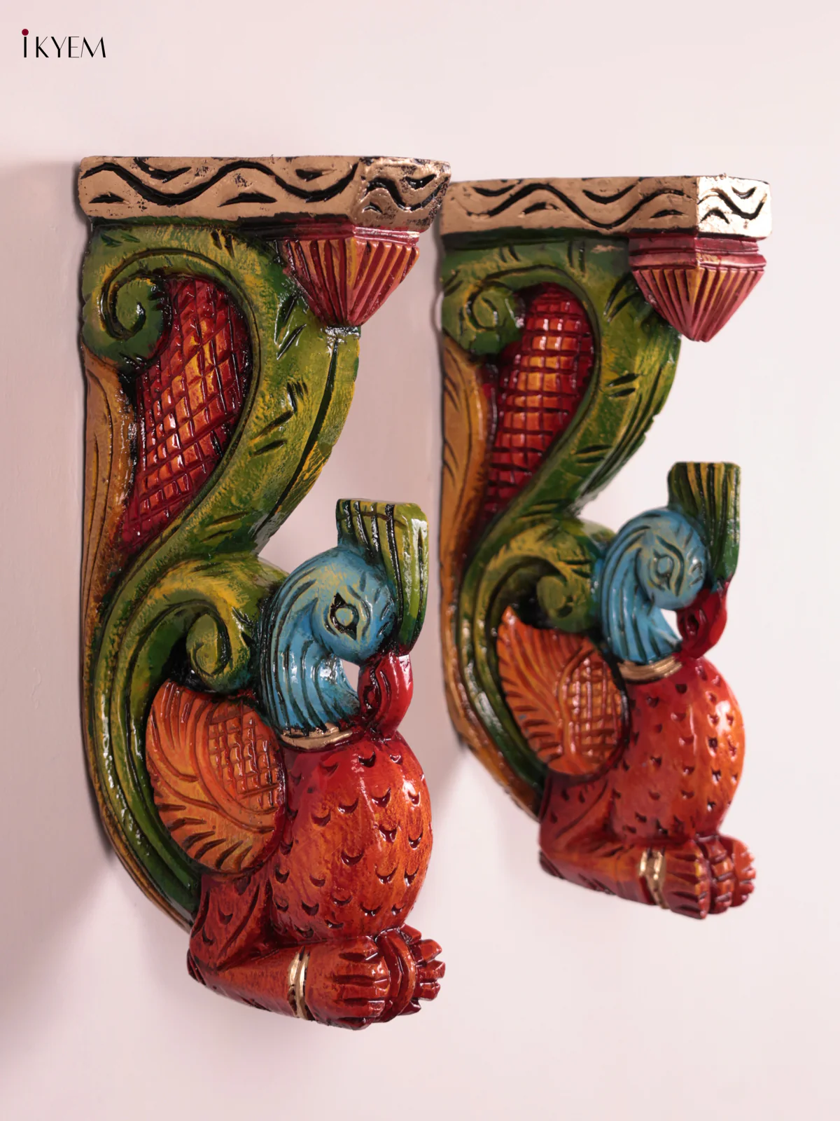 Wooden Hand Carved Painted - Peacock Wall Bracket - Set OF 2 - (12×6) - KEB27073 - Image 3
