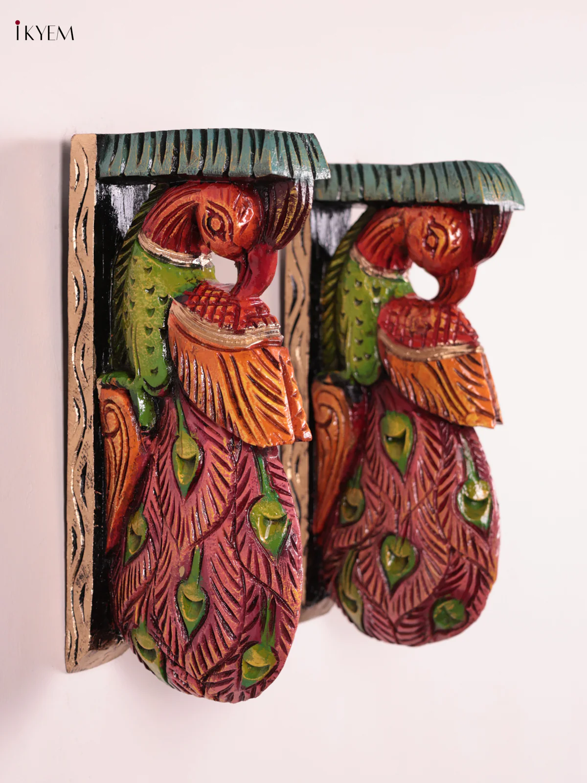Wooden Hand Carved Painted - Peacock Wall Bracket - Set OF 2 - (12×6) - KEB27078 - Image 3