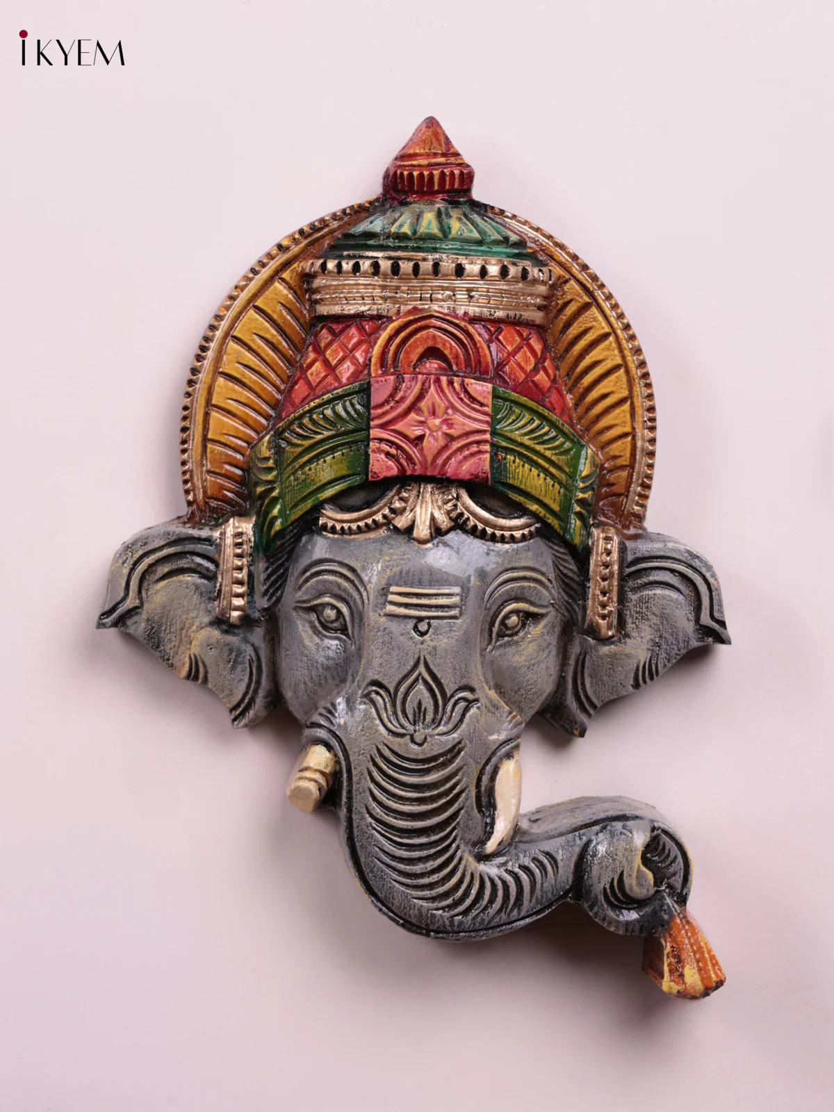 Wooden Hand Carved Painted - Ganesha Face Wall Panel - (12×10) - KEB27113