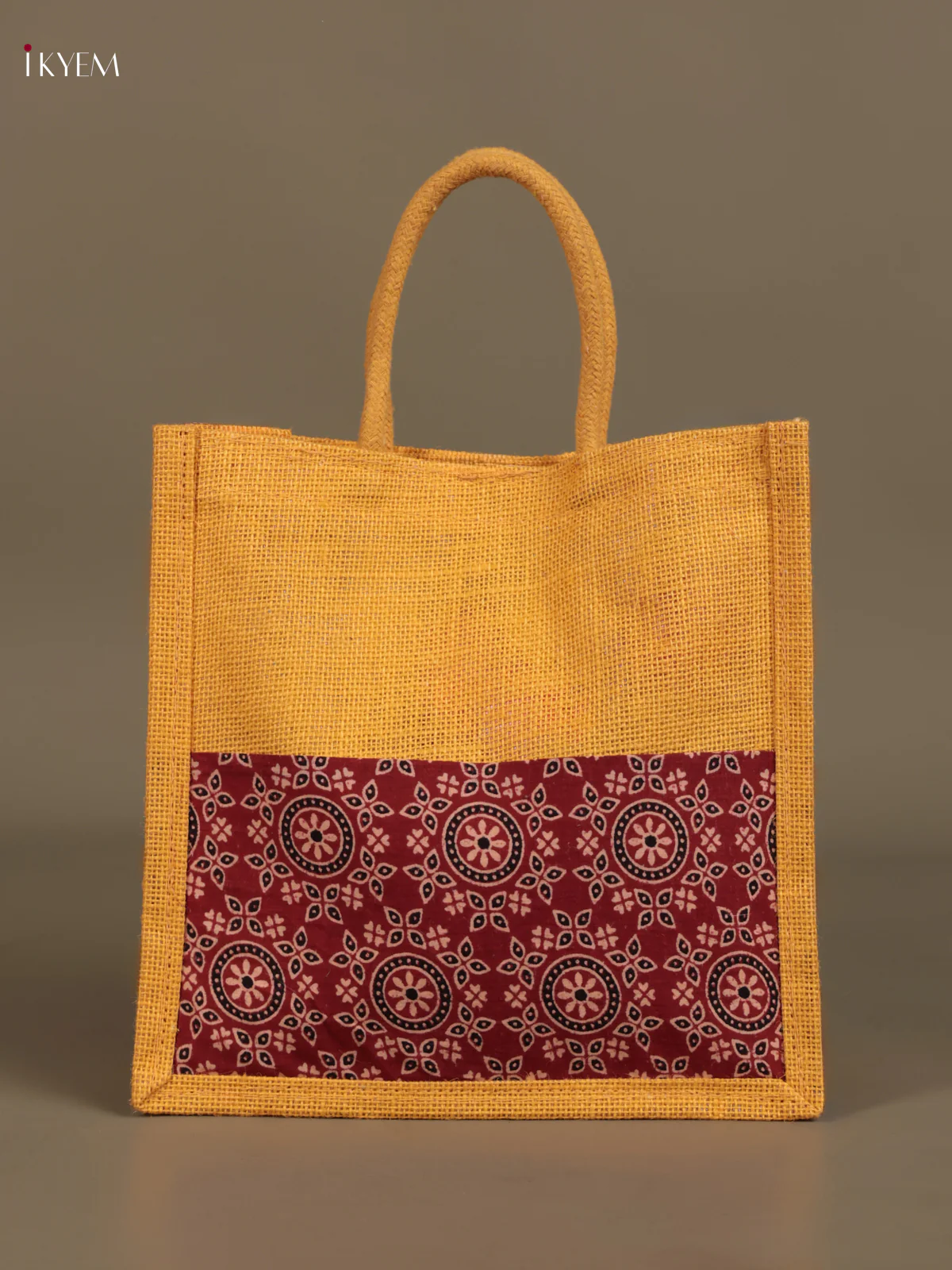 Yellow & Red Kalamkari Jute Bag with Rope Handles - KEB28004
