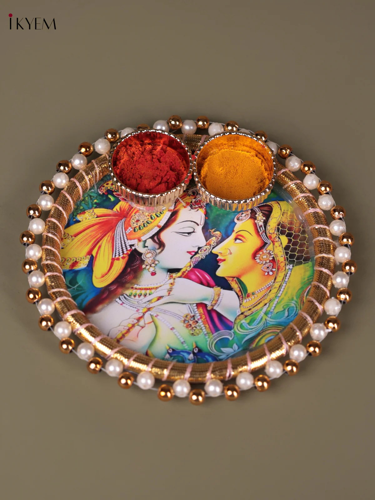 Radha Krishna Printed Green Plate With Haldi kumkum holder - 4.5 Inch