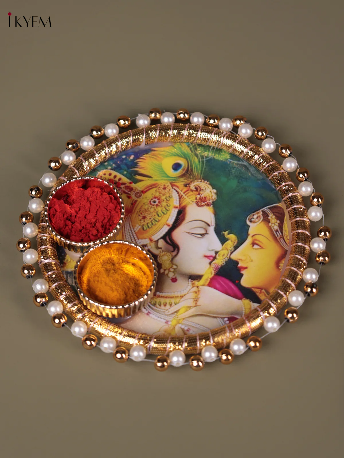 Radha Krishna Printed Green Plate With Haldi kumkum holder - 4.5 Inch