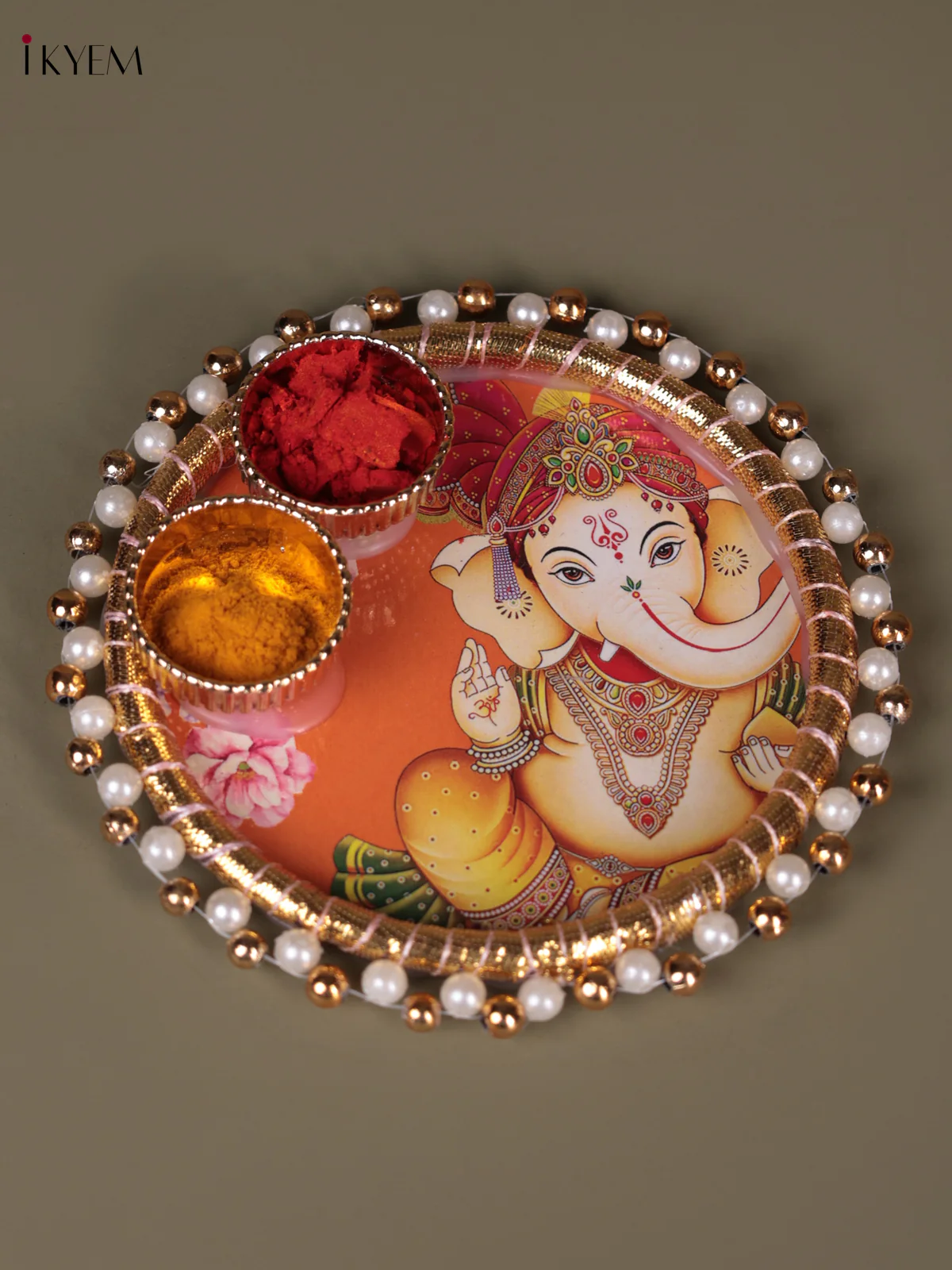 Ganesha Printed Plate With Haldi kumkum holder - 4.5 Inch