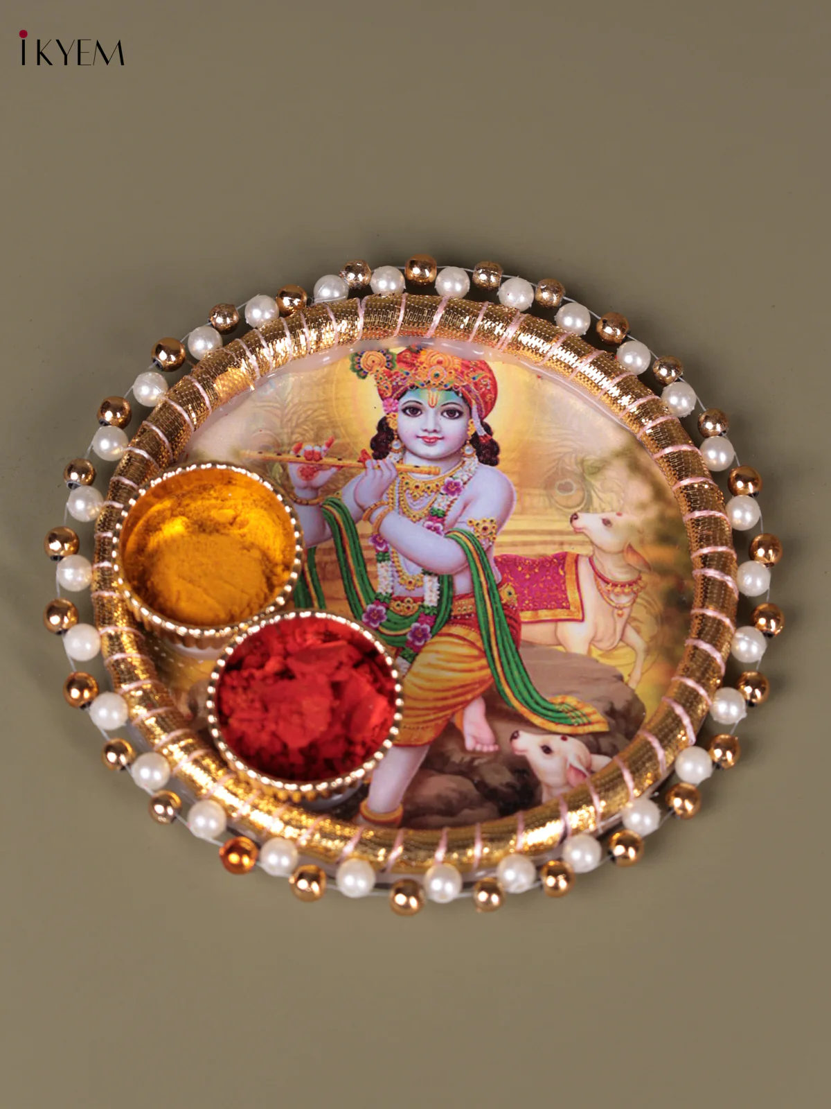 Krishan Printed Plate With Haldi kumkum holder - 4.5 Inch