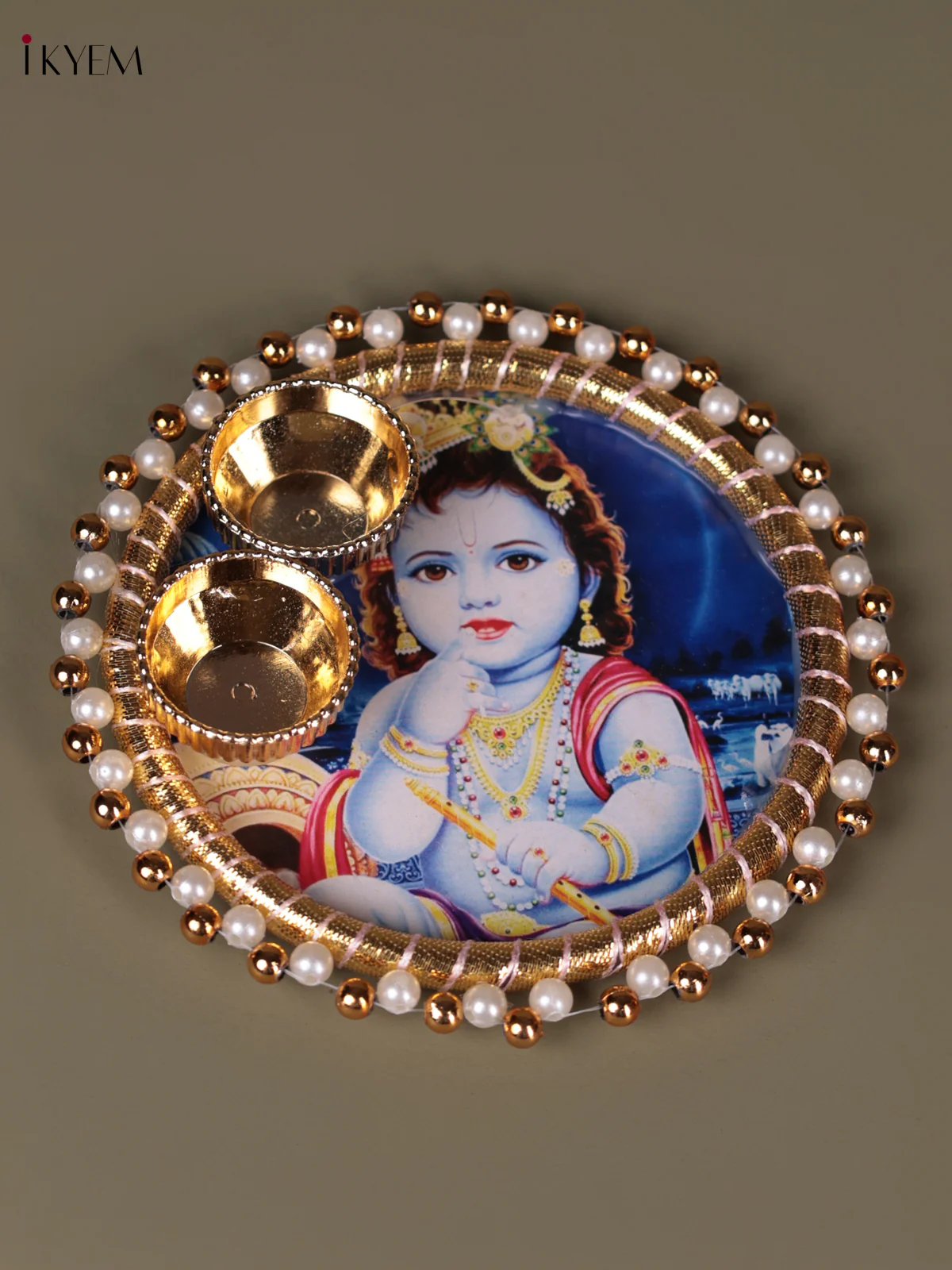 Krishan Printed Plate With Haldi kumkum holder - 4.5 Inch