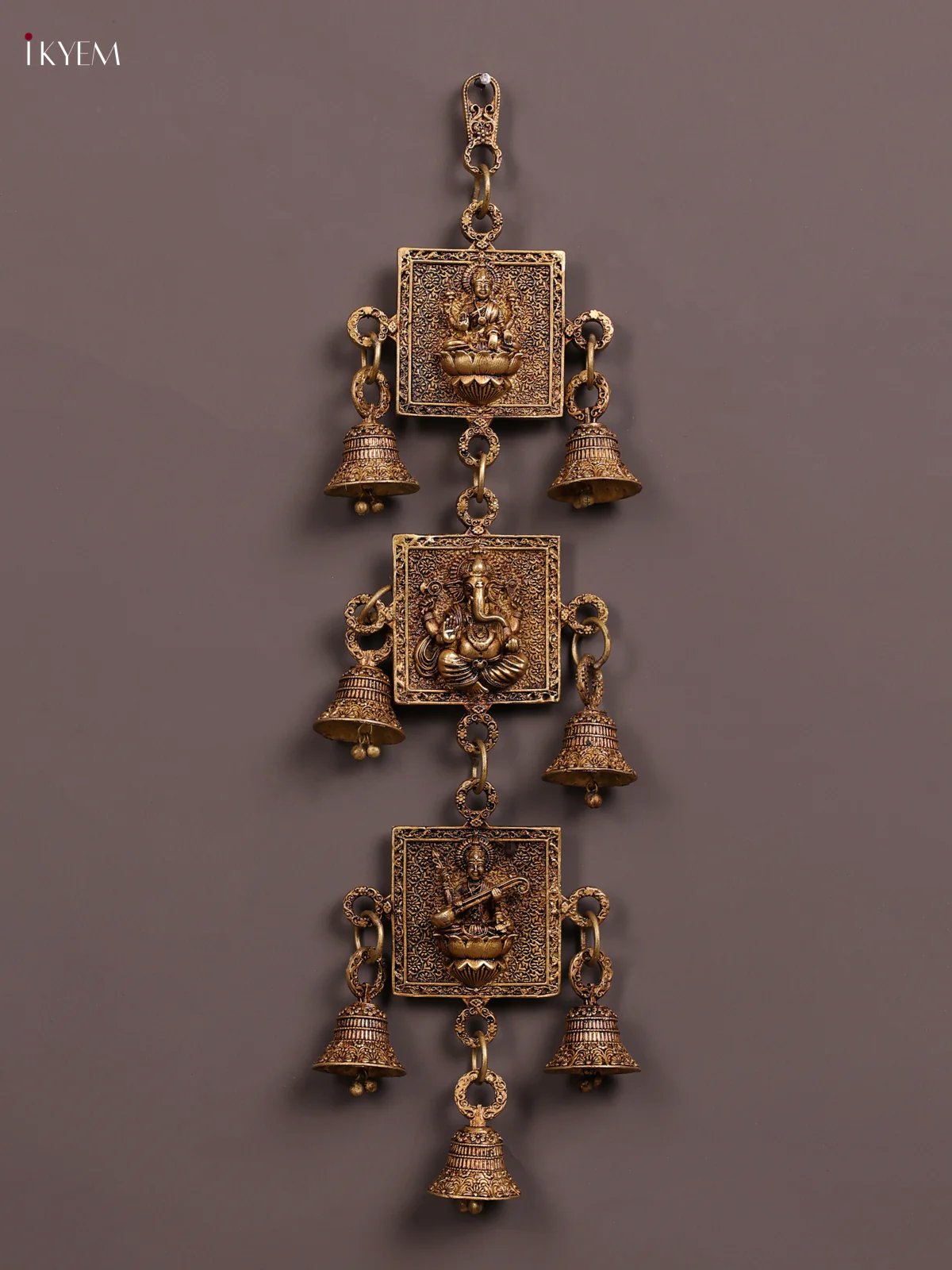 Brass wall hanging Ganesha lakshmi Sarswathi with bell