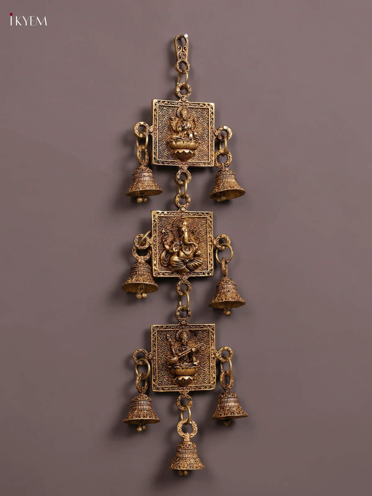 Brass wall hanging Ganesha lakshmi Sarswathi with bell - Image 5