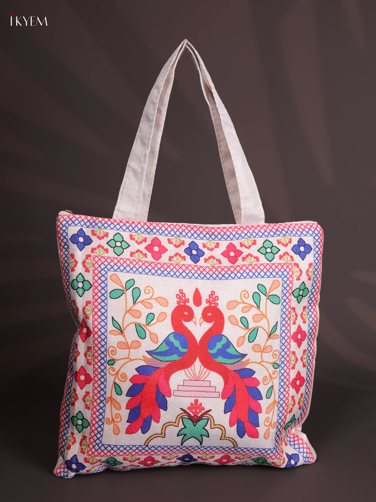 Peacock Printed Jute Handbag - Red