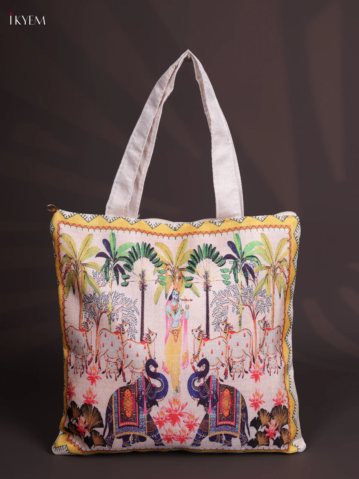 Krishna Vruksha Printed Jute Handbag - Yellow