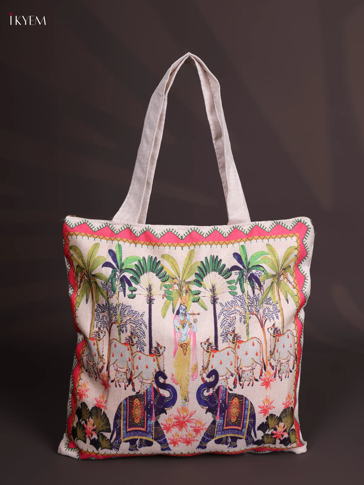 Krishna Vruksha Printed Jute Handbag - Pink