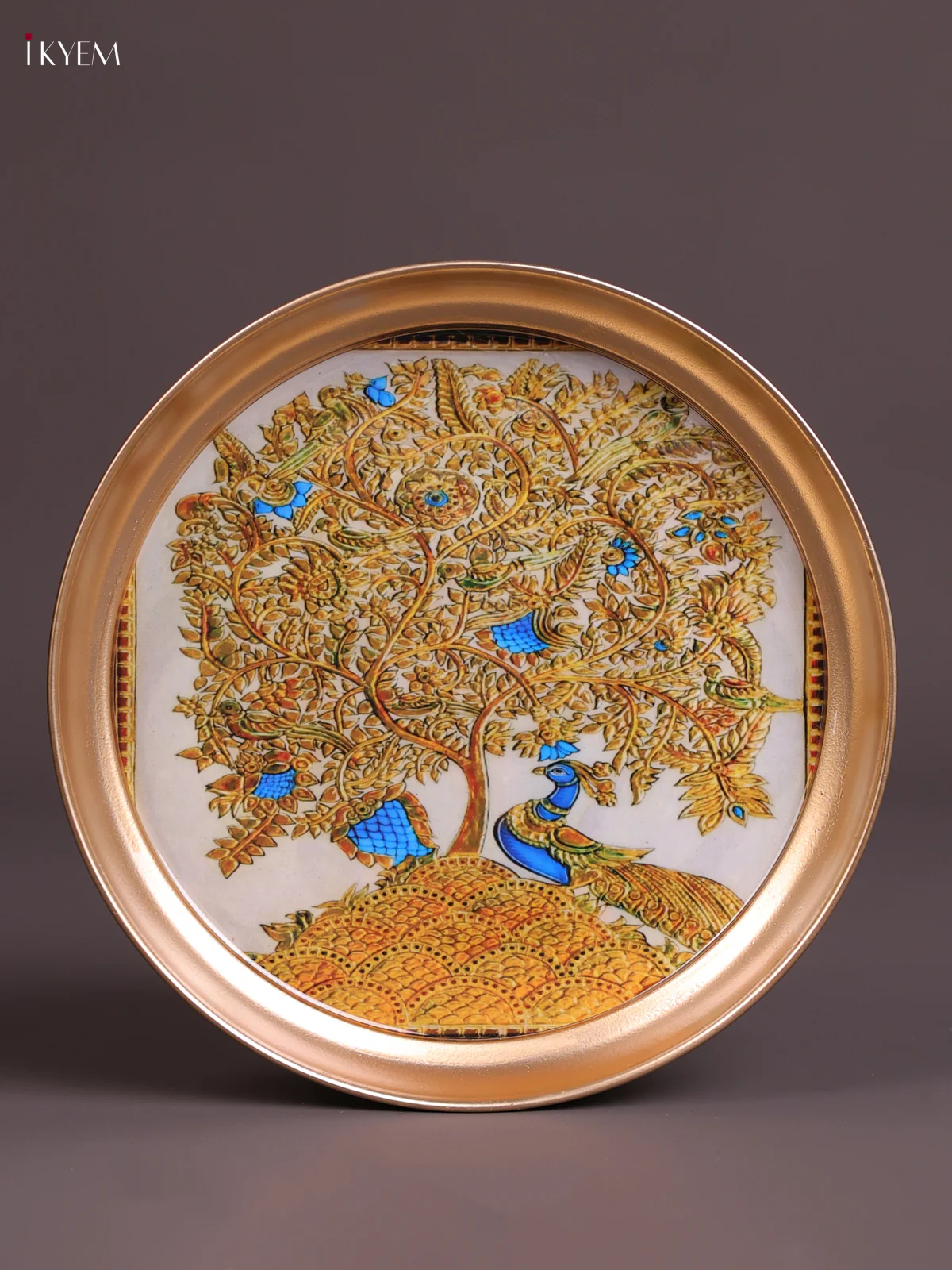 Peacock - Printed Brass Coated Plate White - 8 inch