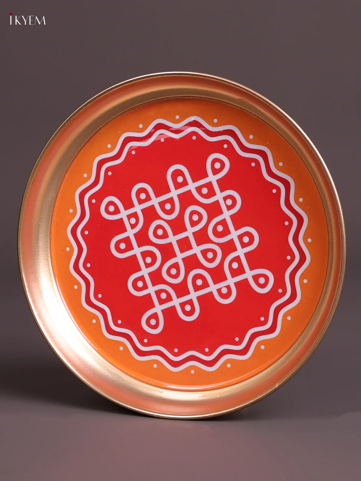 Sikku Kolam - Printed Brass Coated Plate Red & Orange - 8 inch - Image 3