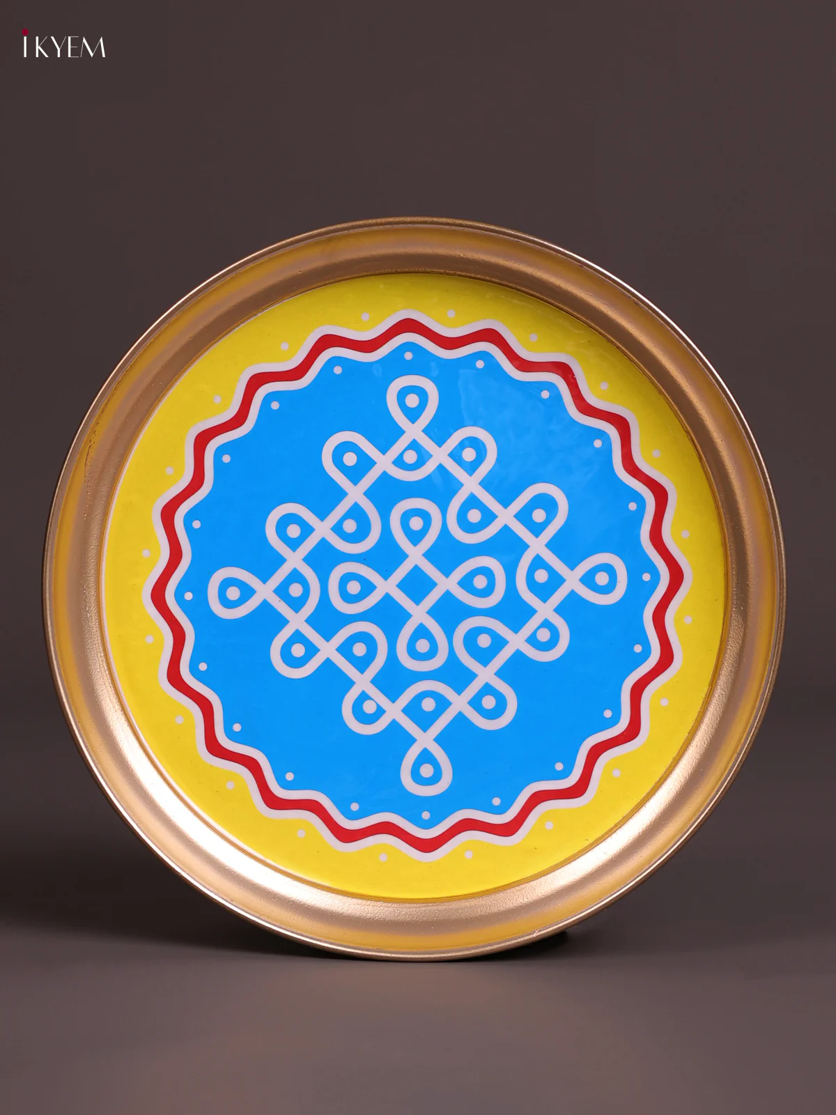 Sikku Kolam - Printed Brass Coated Plate Blue & Yellow - 8 inch