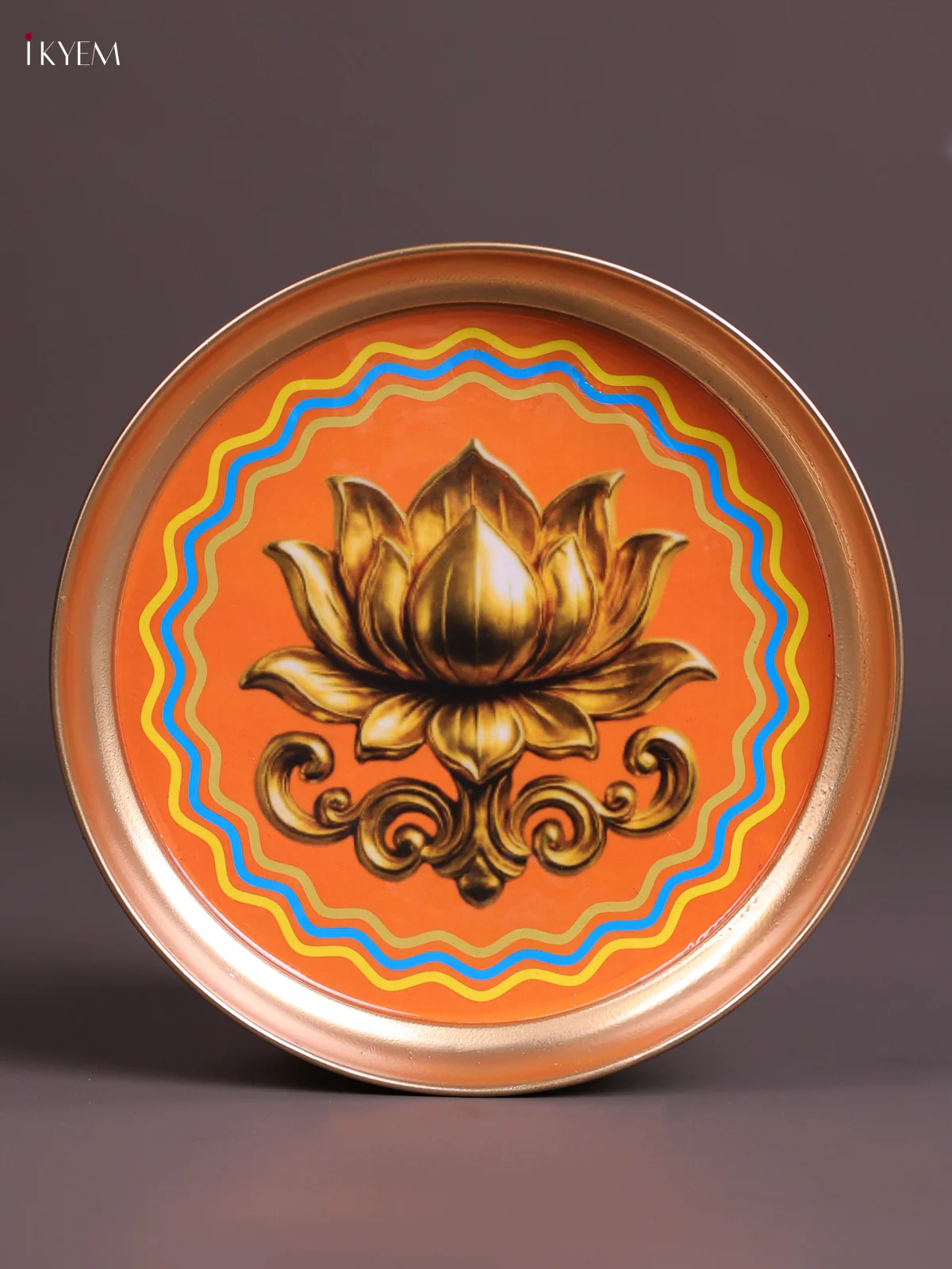Lotus - Printed Brass Coated Plate Orange & Golden - 8 inch