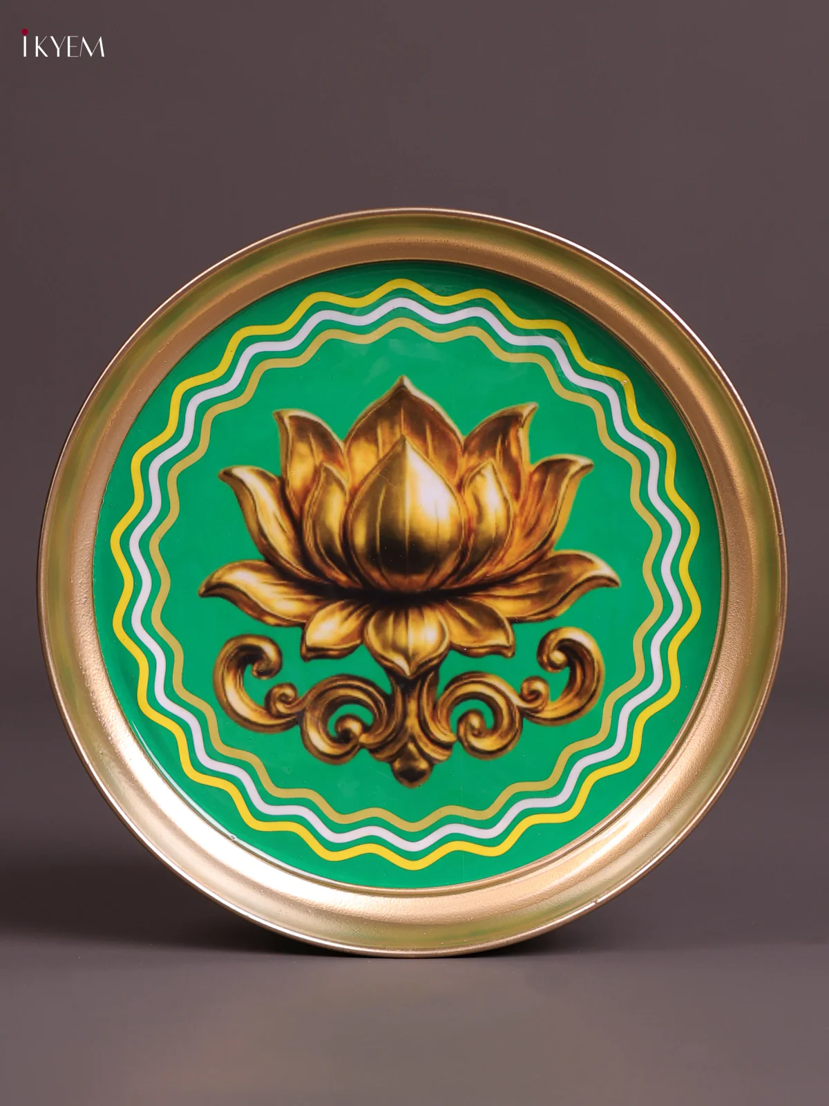 Lotus - Printed Brass Coated Plate Green & Golden - 8 inch